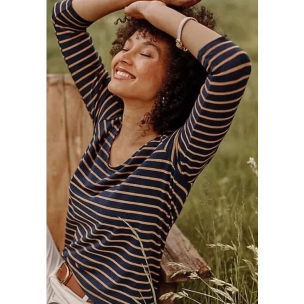 J.Jill Women's Petite Striped Scoop Neck Tee Navy Blue/Brown S Fall Autumn